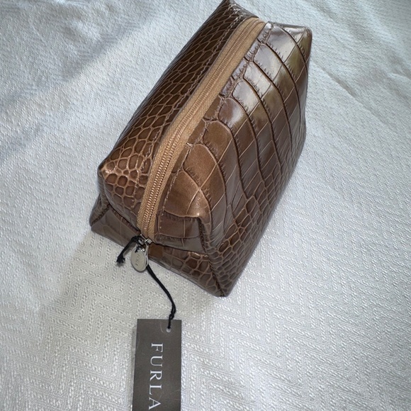 Furla Cross Embossed Makeup Bag/Case, Dark Camel/Taupe - Picture 2 of 7